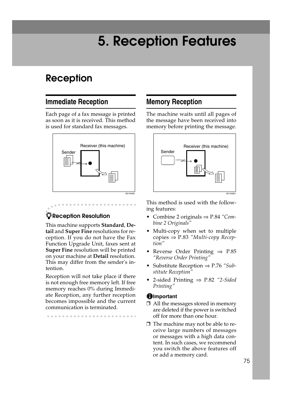Reception features, Reception, Immediate reception | Savin 1045 User Manual | Page 89 / 216
