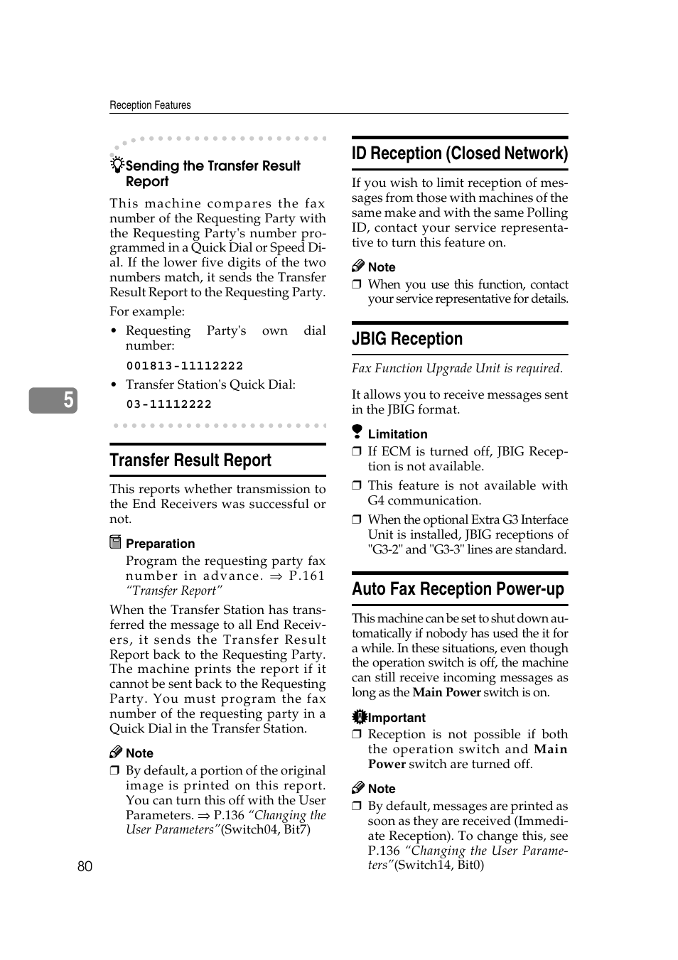 Transfer result report, Id reception (closed network), Jbig reception | Auto fax reception power-up | Savin 1045 User Manual | Page 94 / 216
