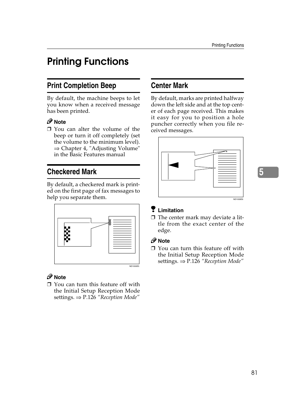 5printing functions, Print completion beep, Checkered mark | Center mark | Savin 1045 User Manual | Page 95 / 216