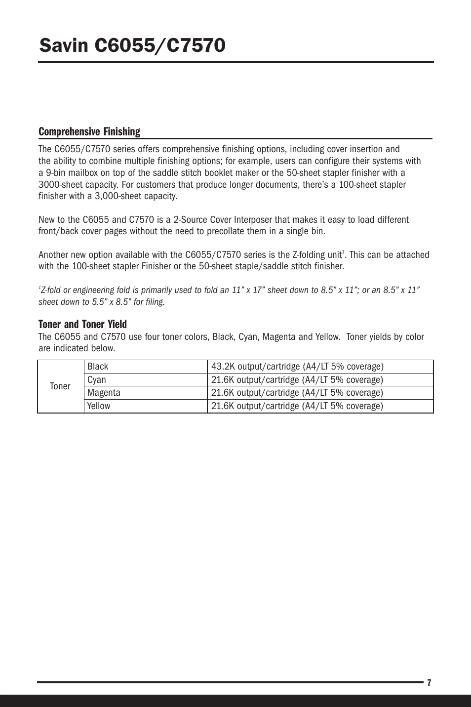 Comprehensive finishing, Toner and toner yield | Savin C6055 User Manual | Page 10 / 80
