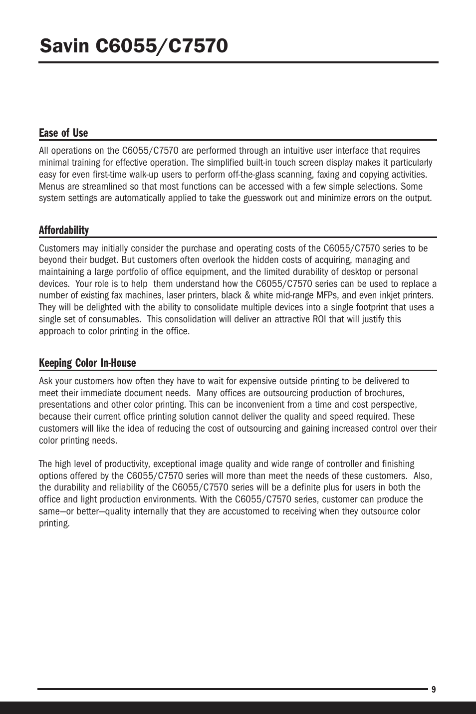 Ease of use, Affordability, Keeping color in-house | Ease of use affordability keeping color in-house | Savin C6055 User Manual | Page 12 / 80