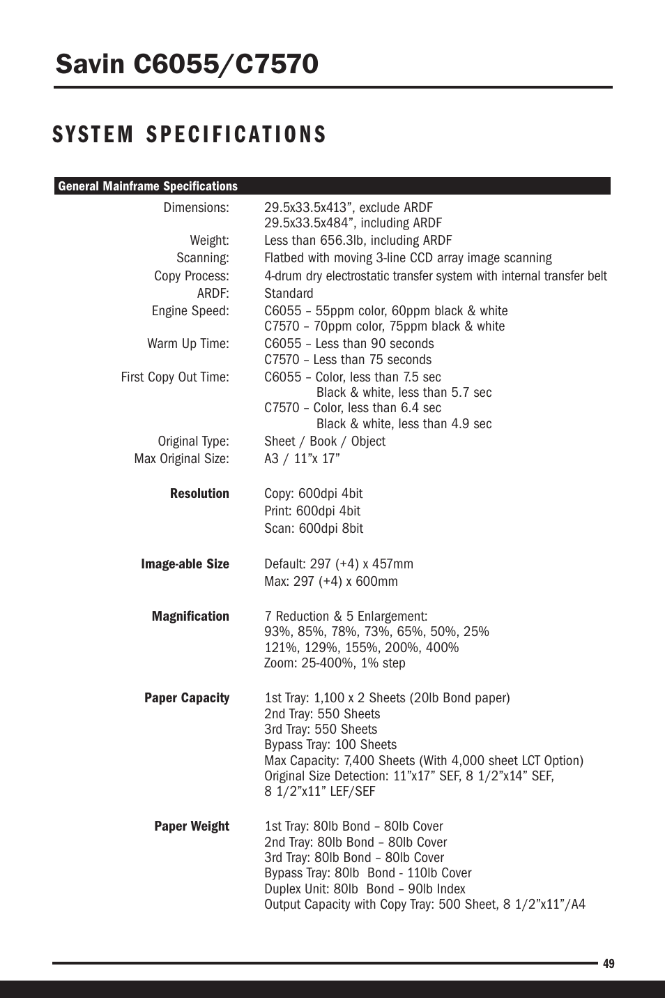 System specifications | Savin C6055 User Manual | Page 52 / 80