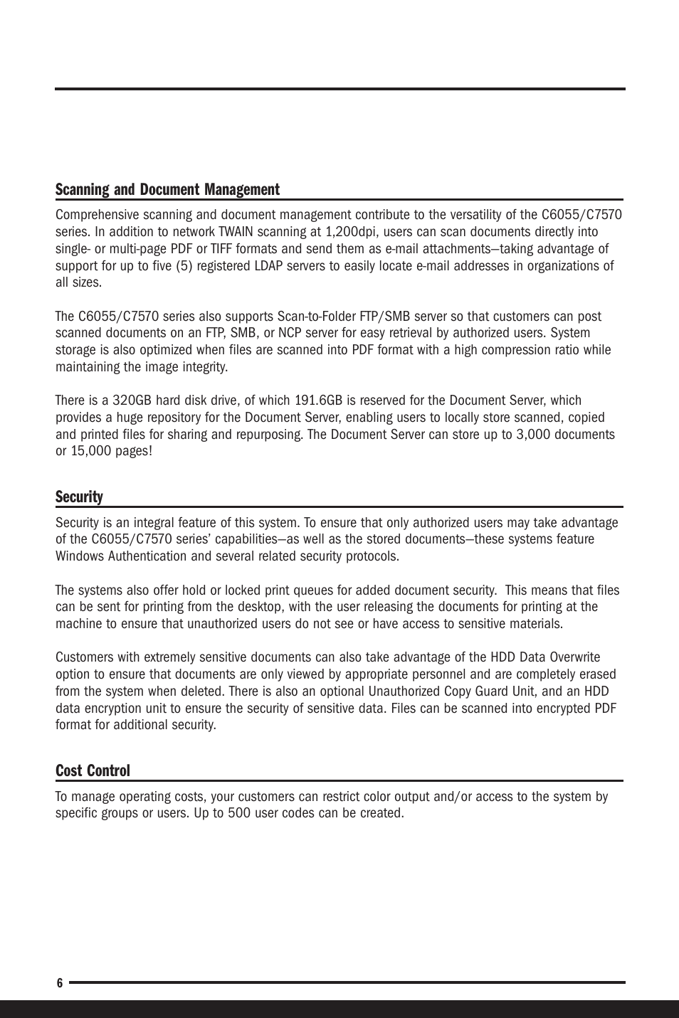 Scanning and document management, Security, Cost control | Savin C6055 User Manual | Page 9 / 80