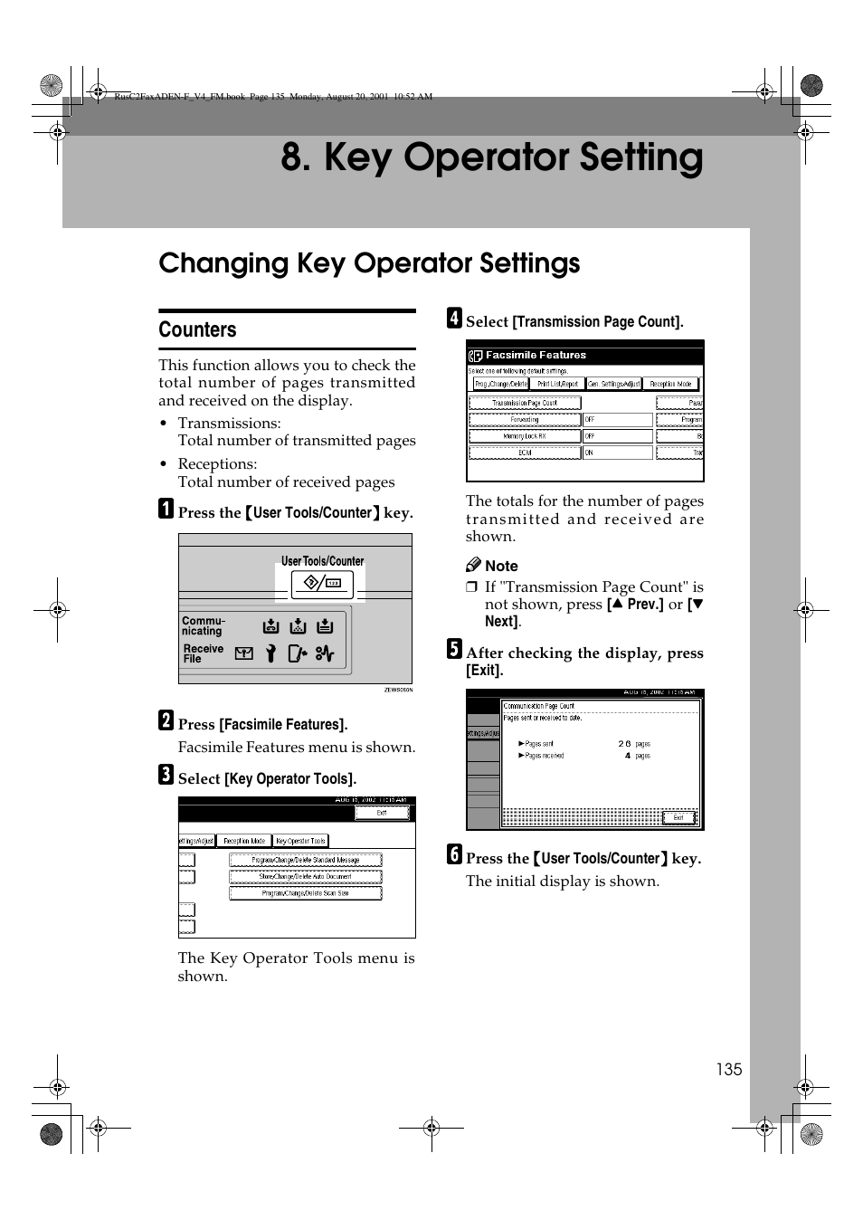 Key operator setting, Changing key operator settings, Counters | Savin Fax Option Type 1027 User Manual | Page 3 / 74