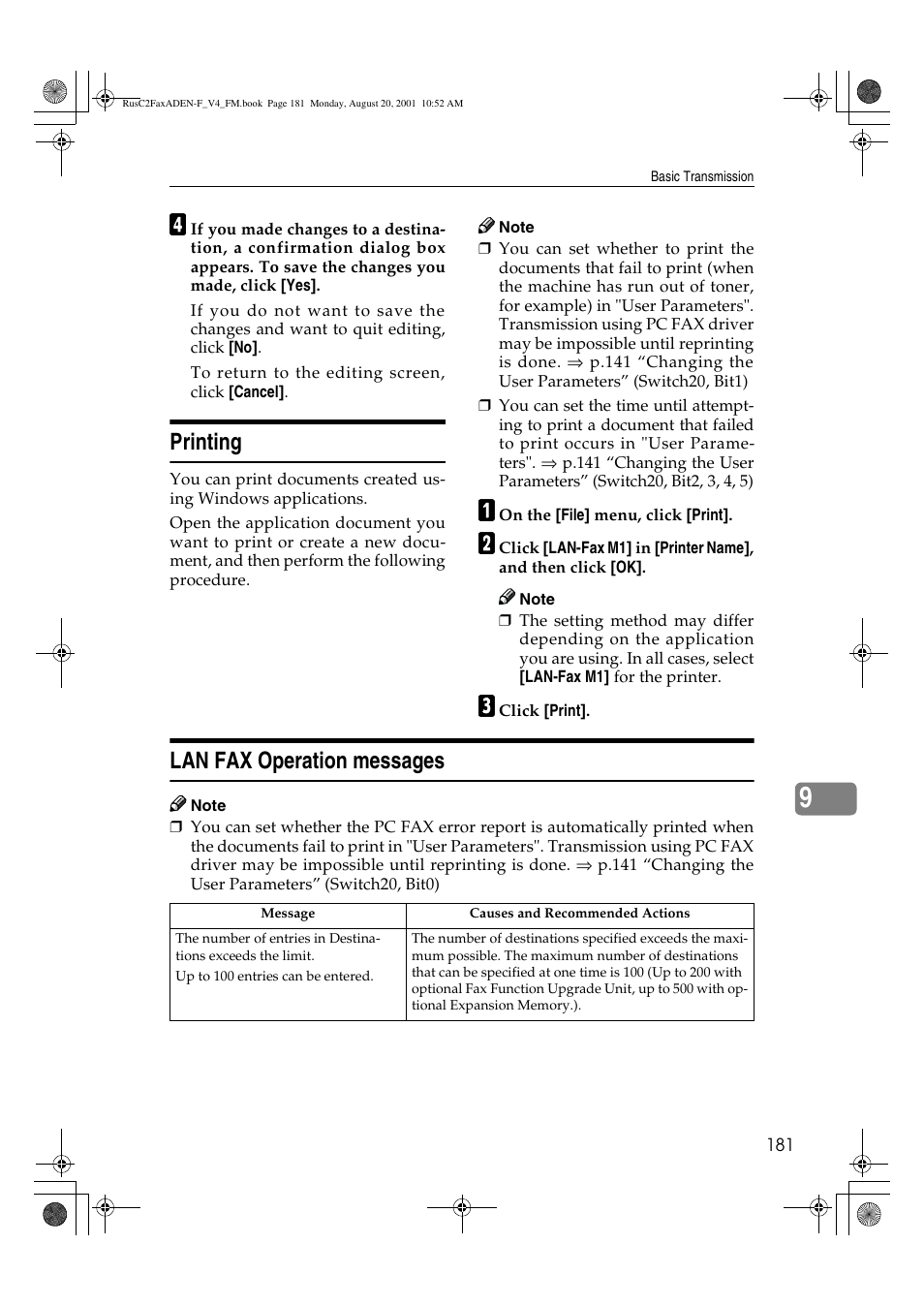 Printing, Lan fax operation messages | Savin Fax Option Type 1027 User Manual | Page 49 / 74