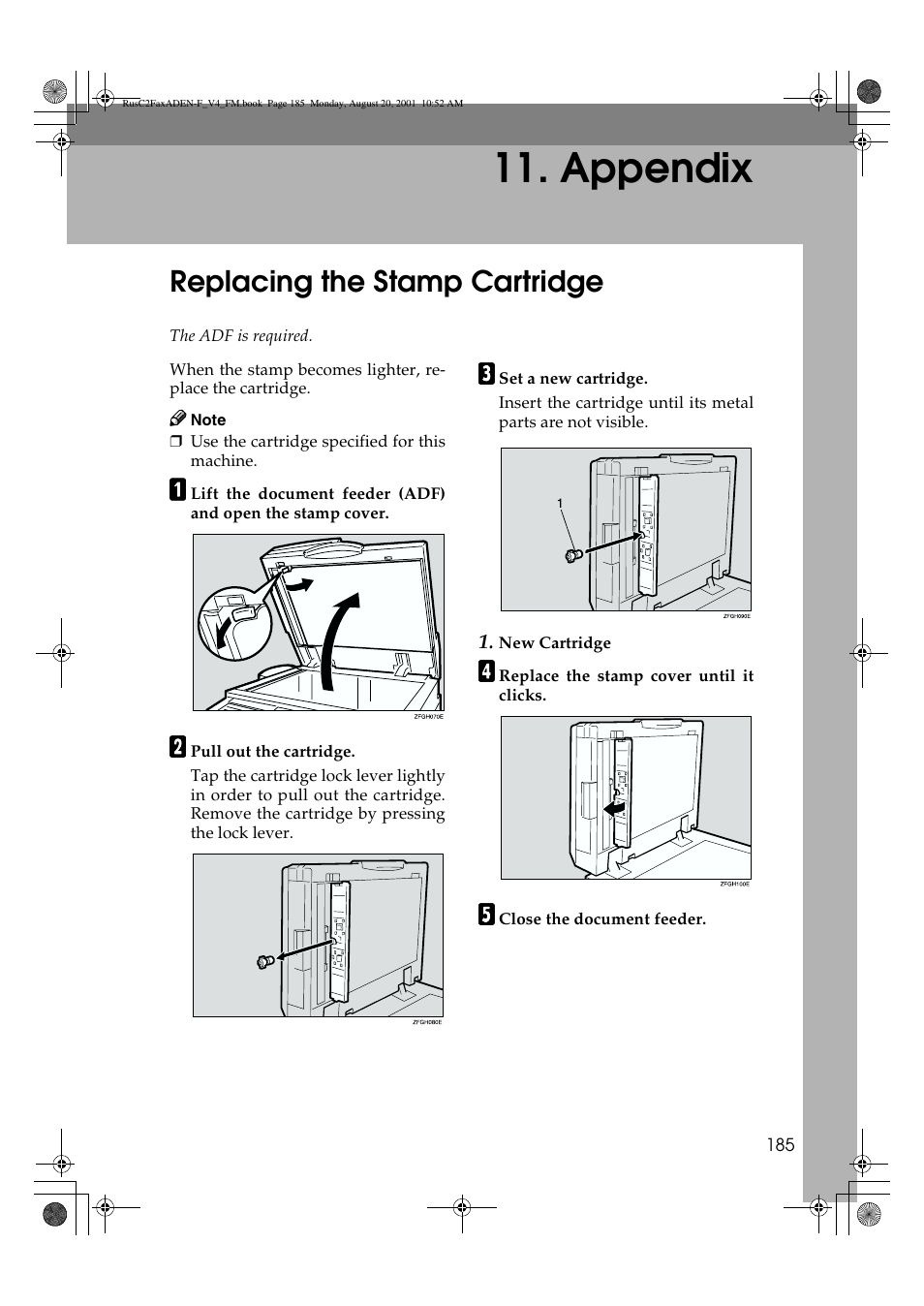 Appendix, Replacing the stamp cartridge | Savin Fax Option Type 1027 User Manual | Page 53 / 74