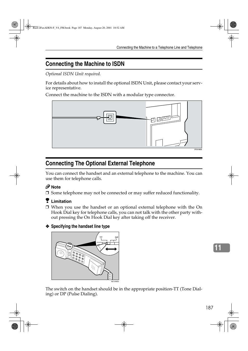 Connecting the machine to isdn, Connecting the optional external telephone | Savin Fax Option Type 1027 User Manual | Page 55 / 74