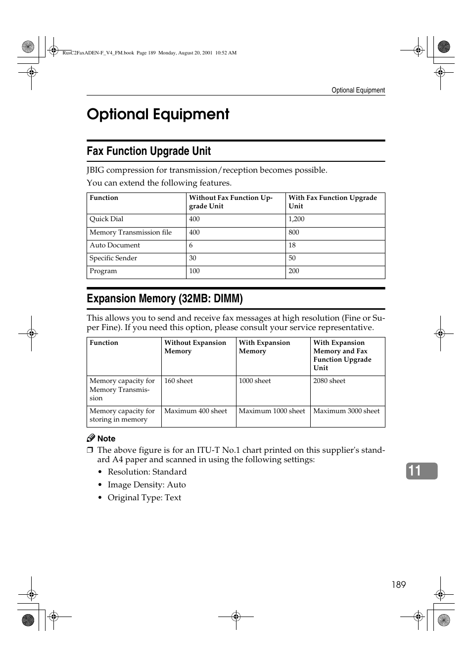 11 optional equipment, Fax function upgrade unit | Savin Fax Option Type 1027 User Manual | Page 57 / 74