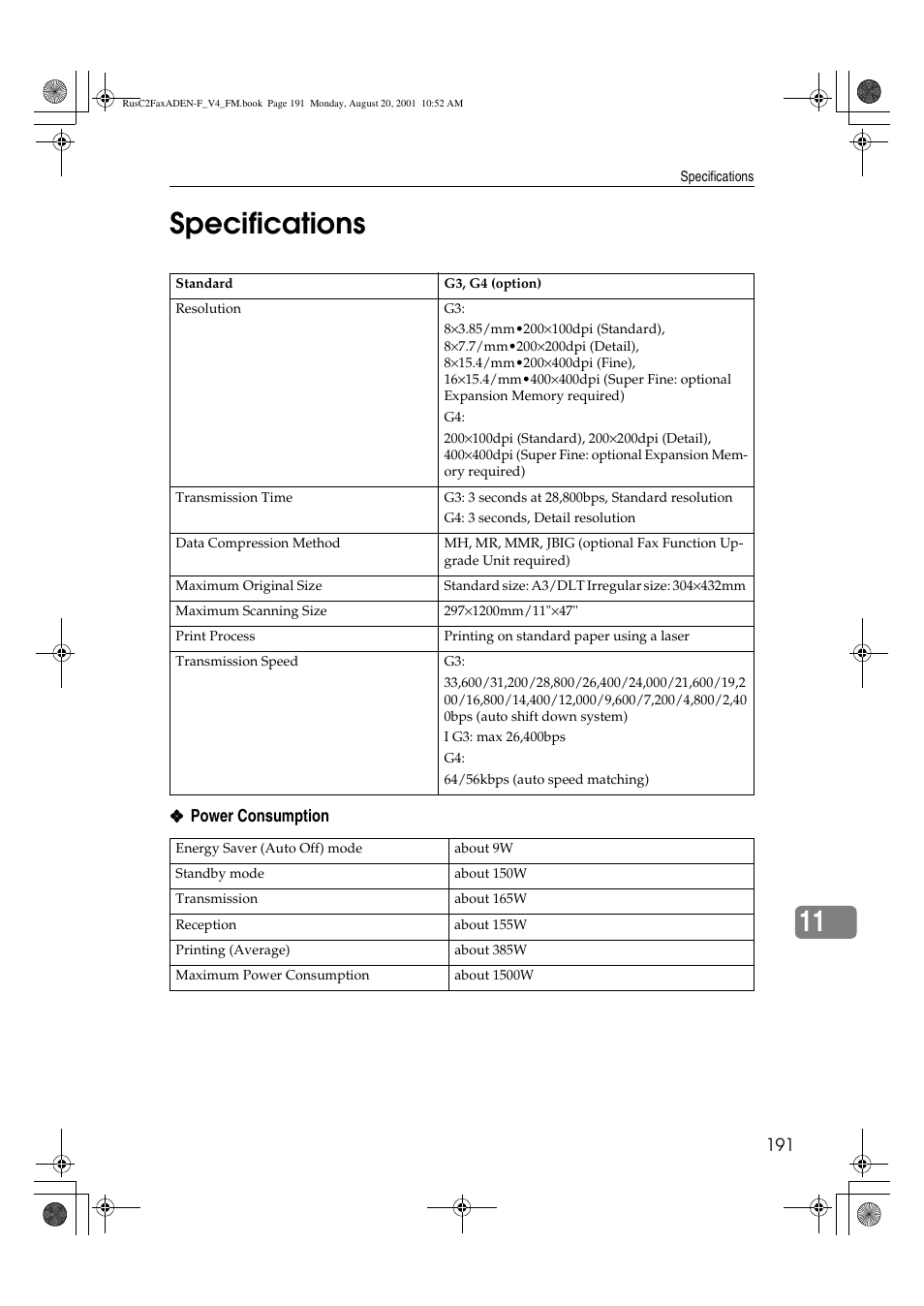 11 specifications | Savin Fax Option Type 1027 User Manual | Page 59 / 74