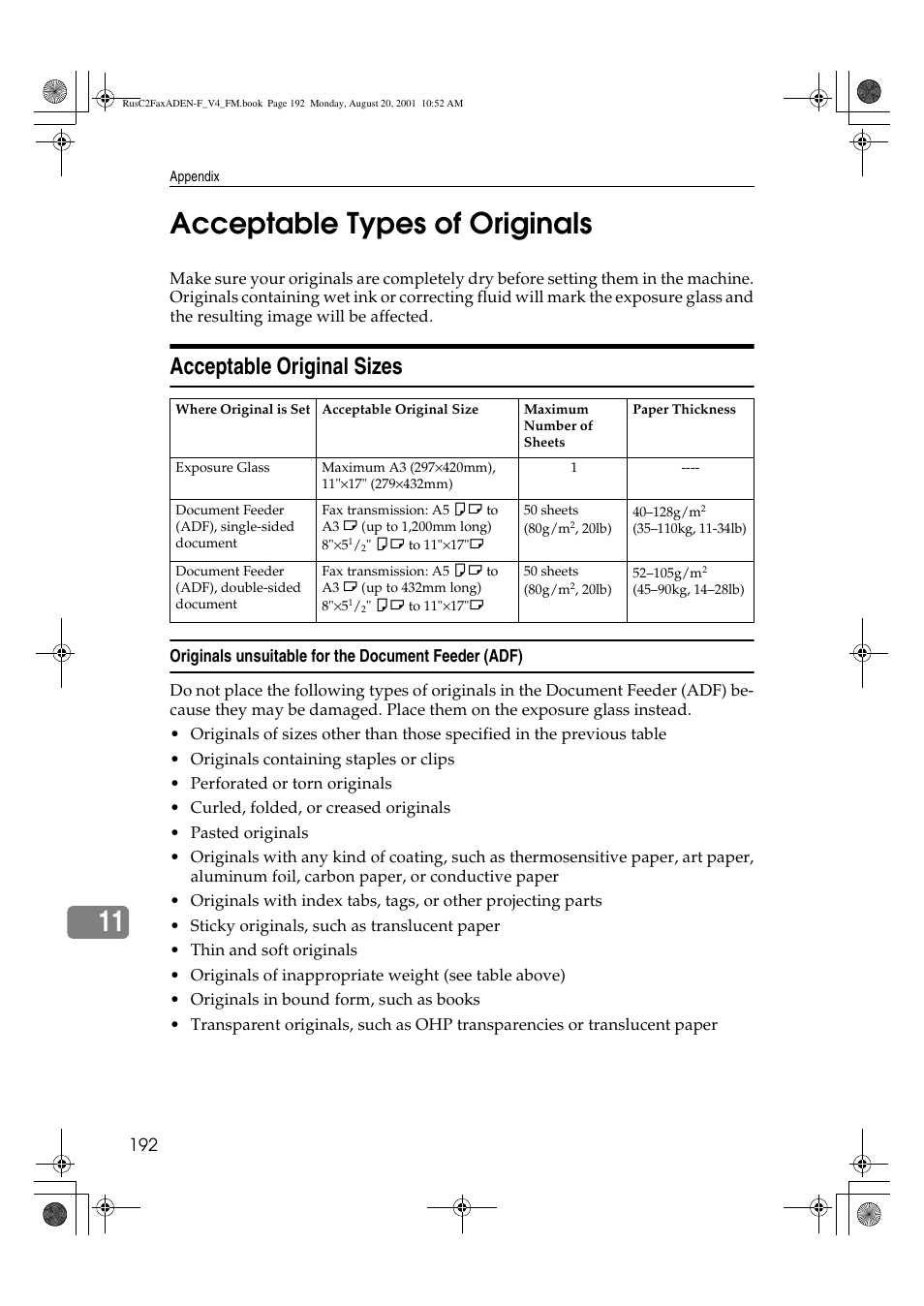 11 acceptable types of originals, Acceptable original sizes | Savin Fax Option Type 1027 User Manual | Page 60 / 74