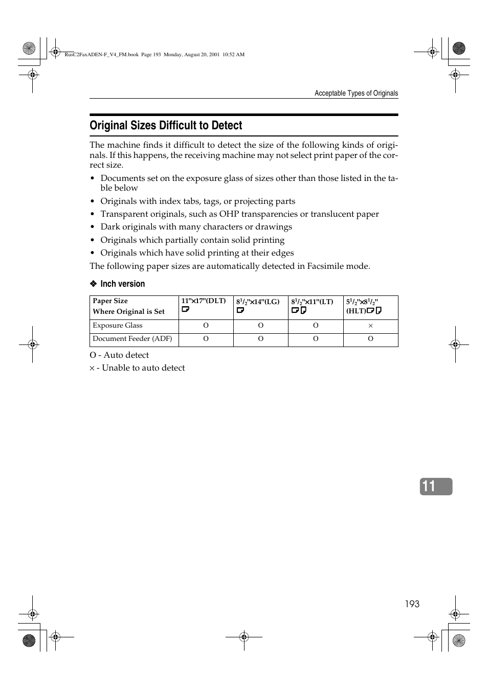 Original sizes difficult to detect | Savin Fax Option Type 1027 User Manual | Page 61 / 74