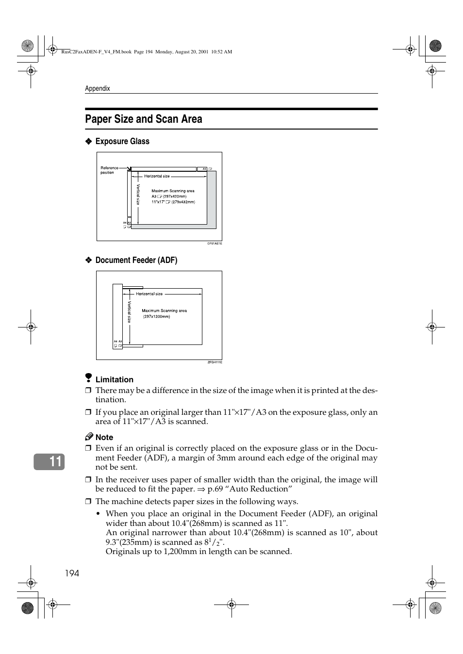 Paper size and scan area | Savin Fax Option Type 1027 User Manual | Page 62 / 74