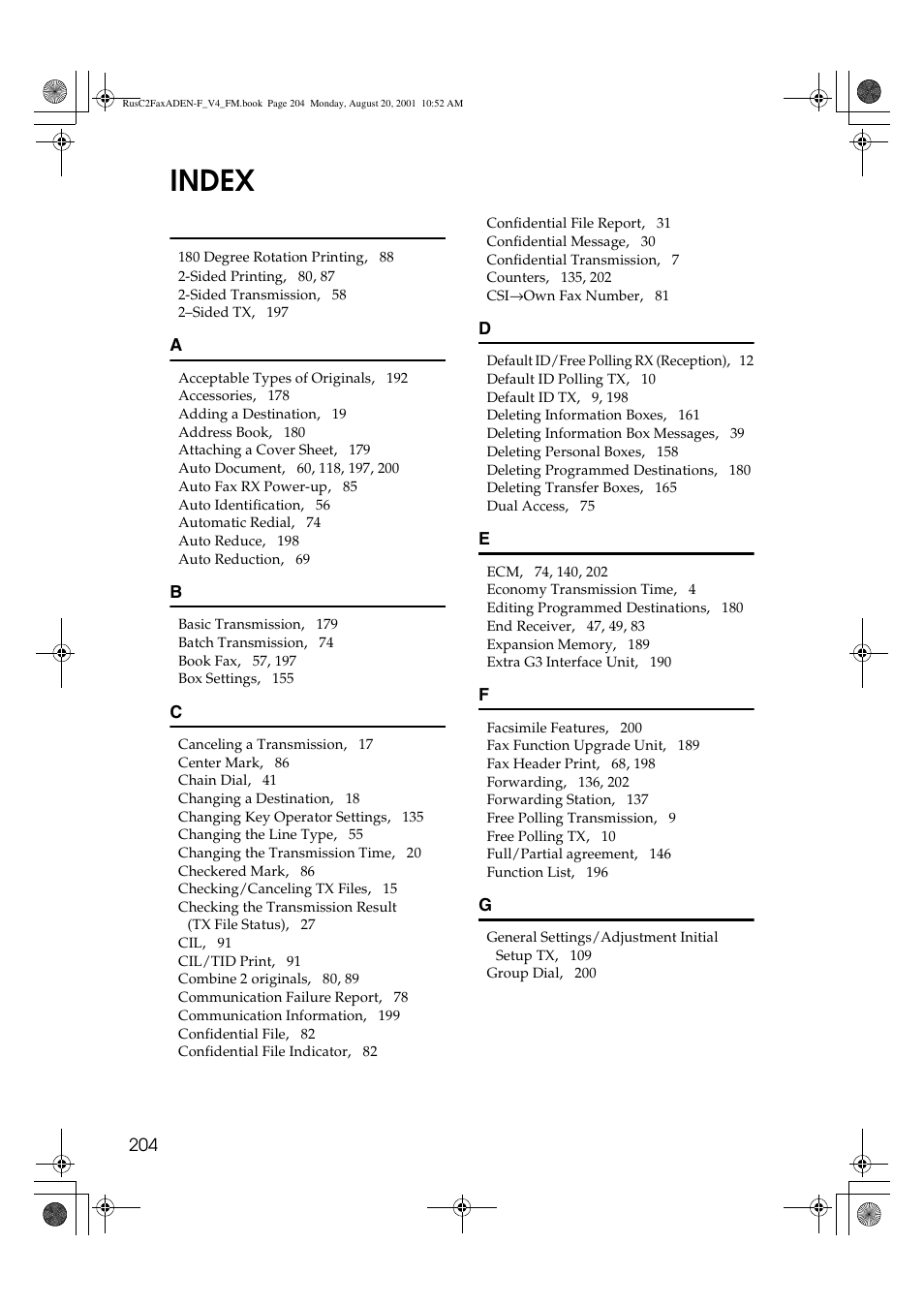 Index | Savin Fax Option Type 1027 User Manual | Page 72 / 74