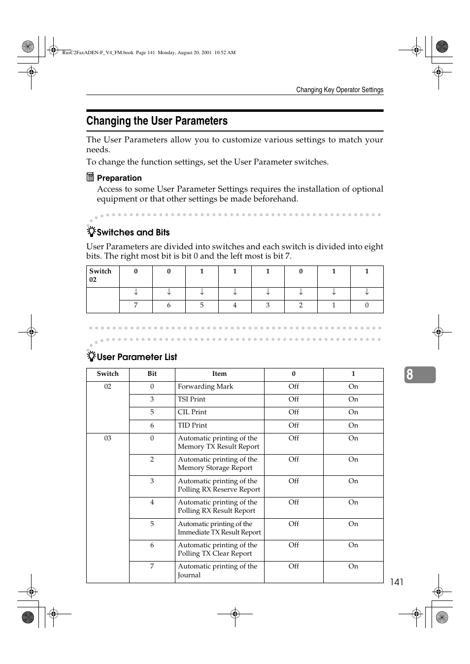 Changing the user parameters | Savin Fax Option Type 1027 User Manual | Page 9 / 74