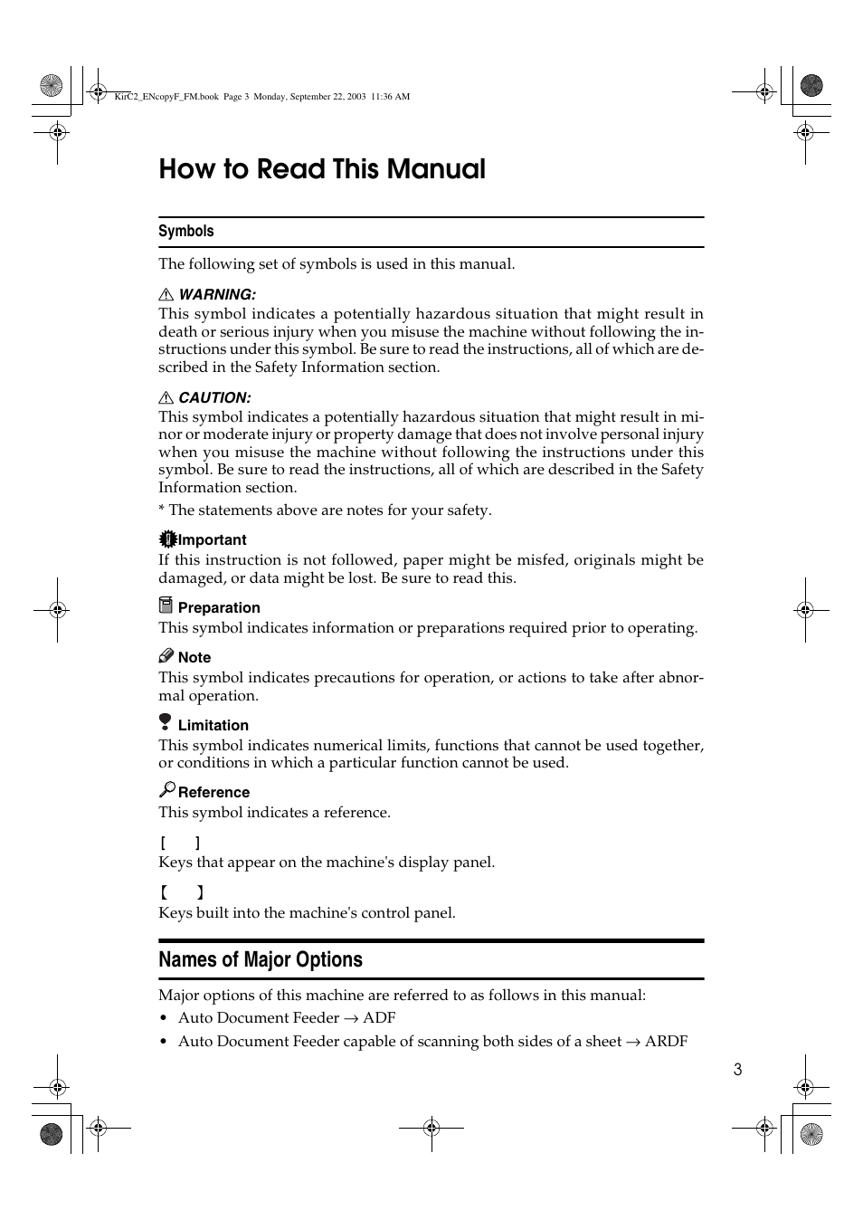 How to read this manual, Names of major options | Savin 4018 User Manual | Page 11 / 80