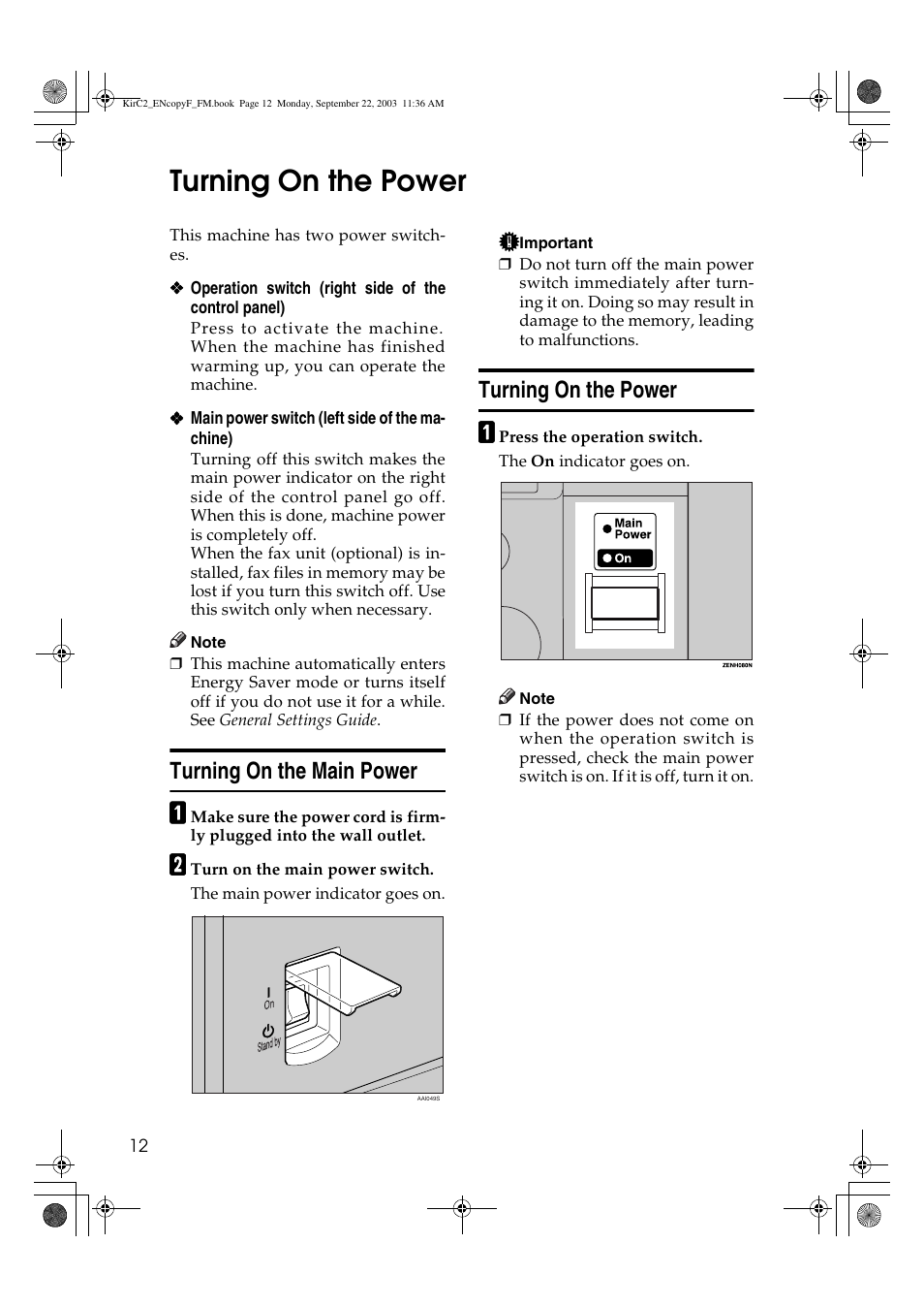 Turning on the power, Turning on the main power | Savin 4018 User Manual | Page 20 / 80