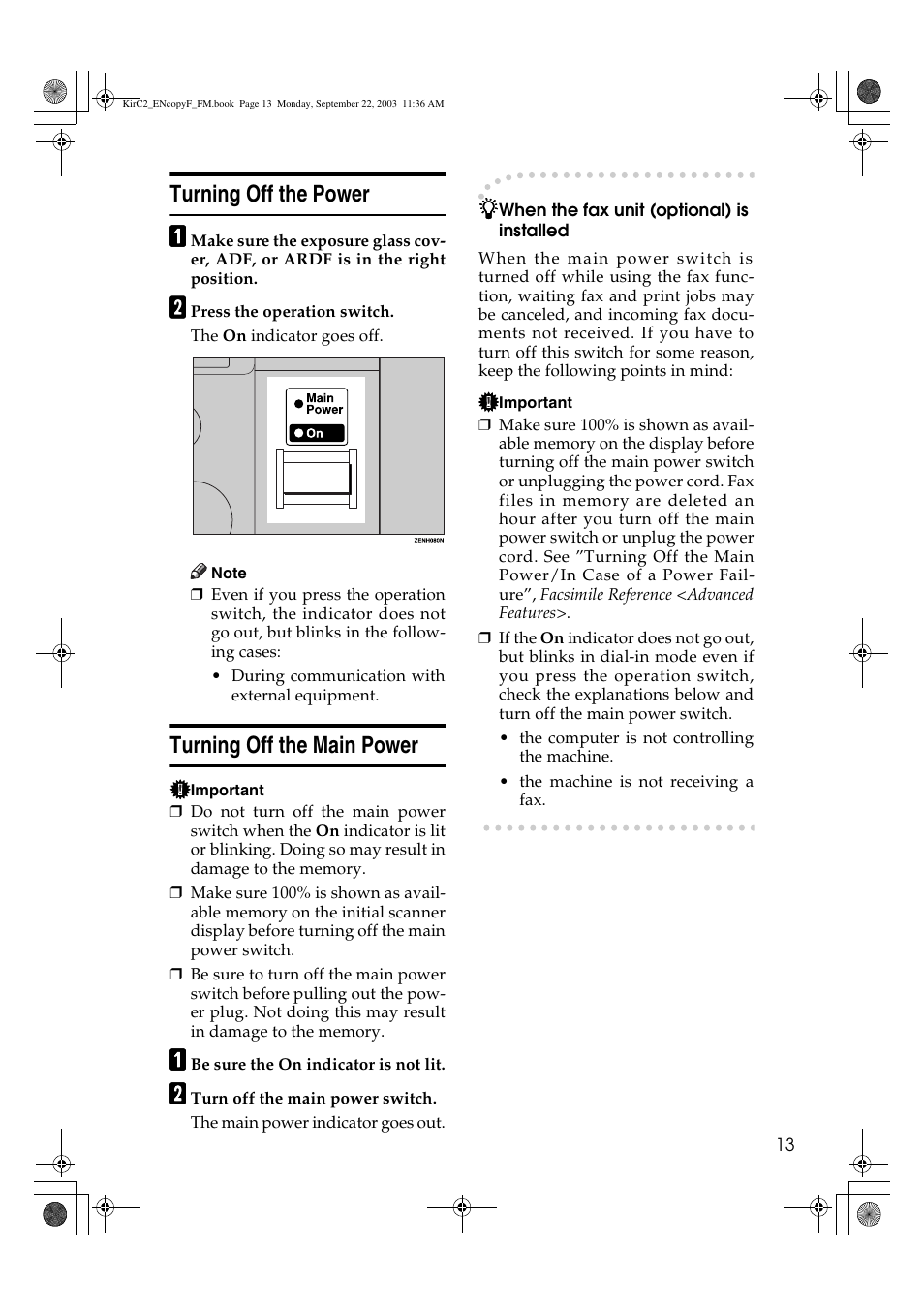 Turning off the power, Turning off the main power | Savin 4018 User Manual | Page 21 / 80