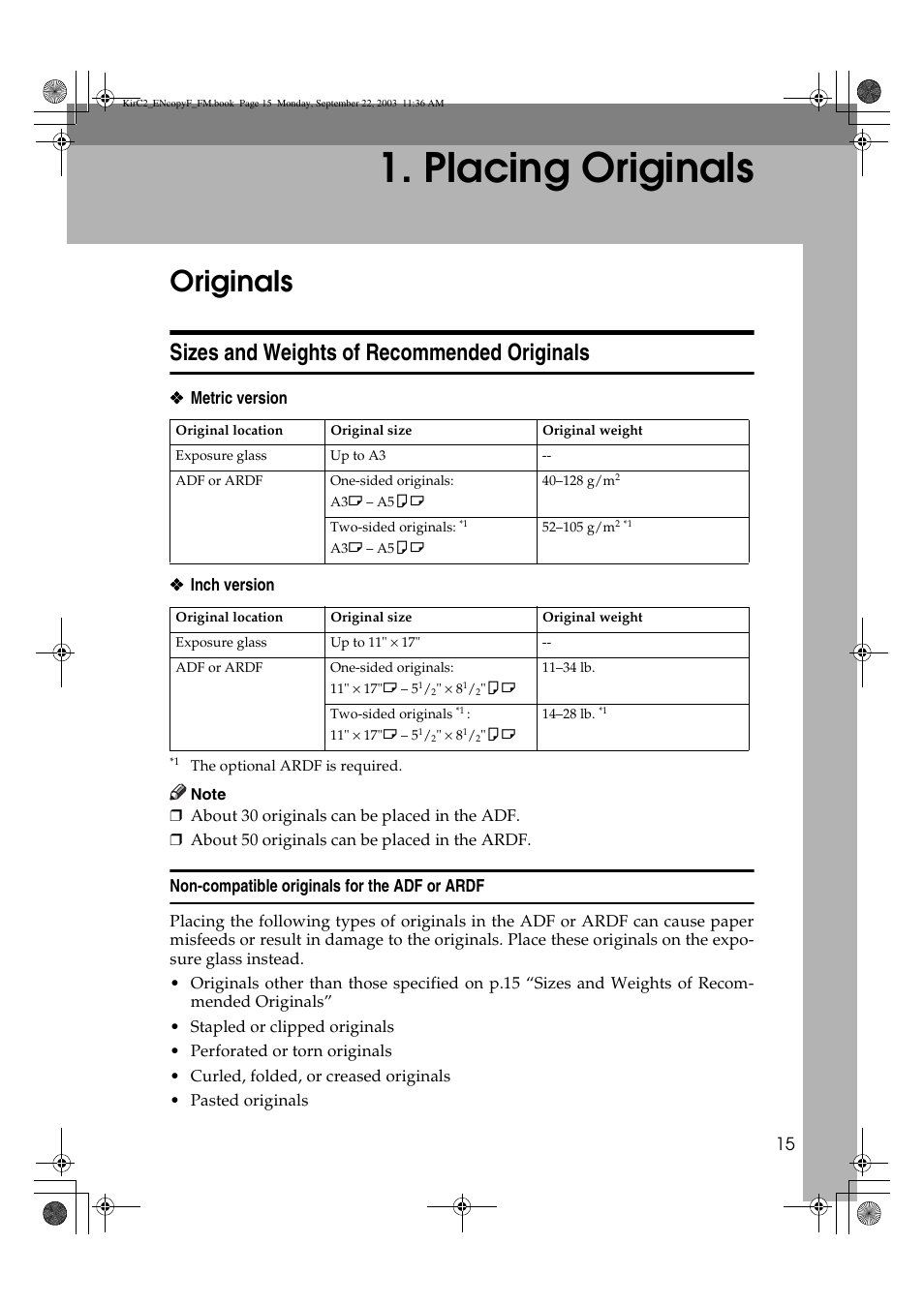 Placing originals, Originals, Sizes and weights of recommended originals | Savin 4018 User Manual | Page 23 / 80