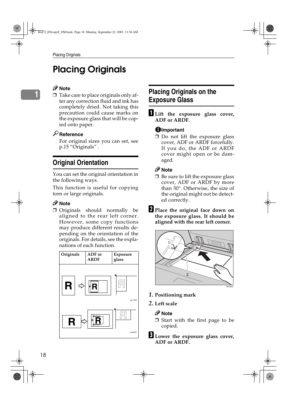 1placing originals, Original orientation, Placing originals on the exposure glass | Savin 4018 User Manual | Page 26 / 80