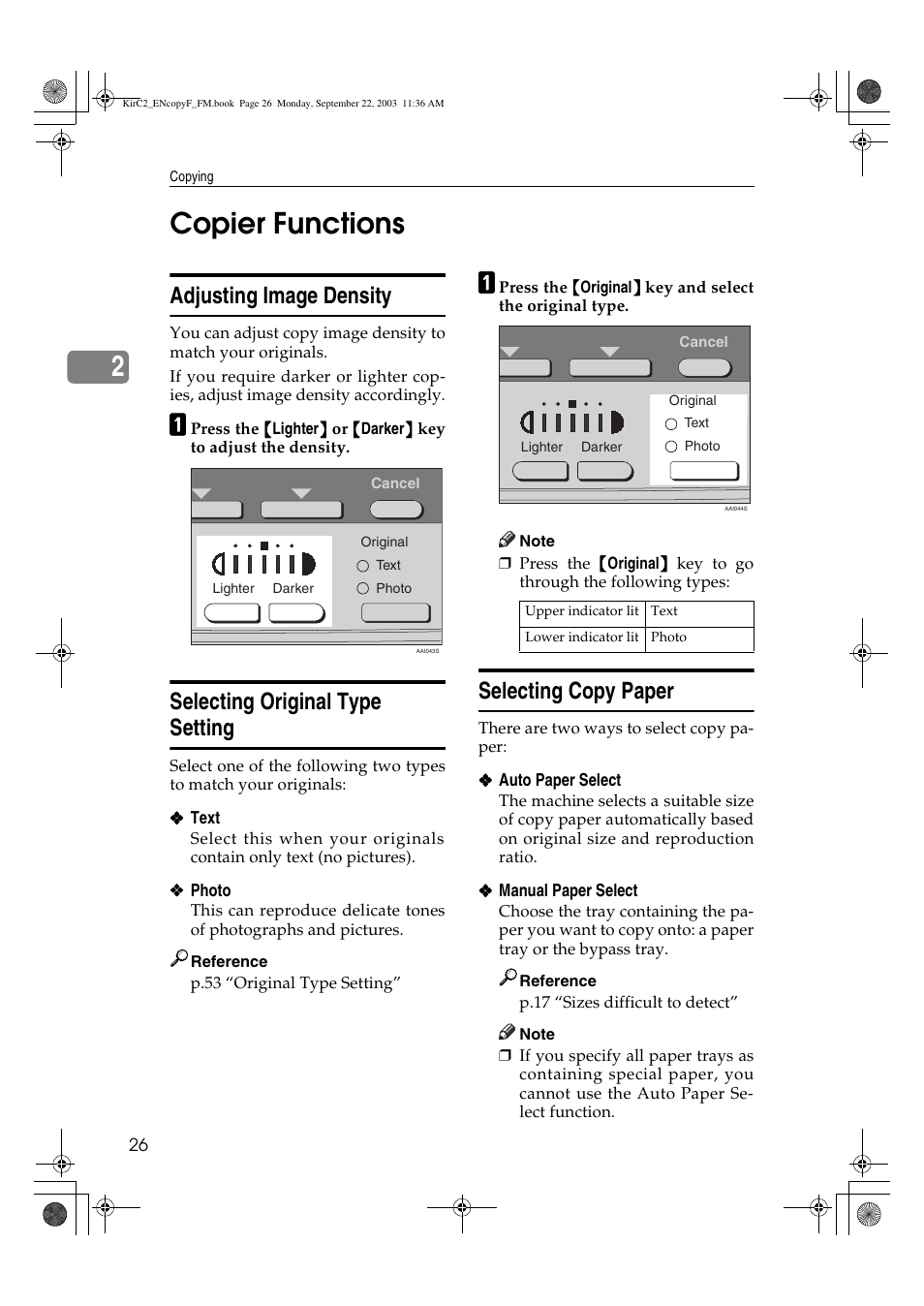 2copier functions, Adjusting image density, Selecting original type setting | Selecting copy paper | Savin 4018 User Manual | Page 34 / 80