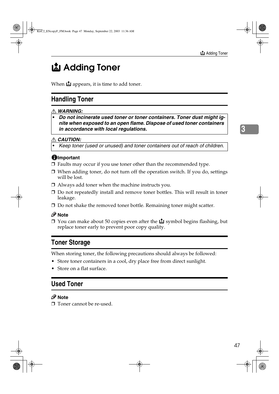 Handling toner, Toner storage, Used toner | Savin 4018 User Manual | Page 55 / 80