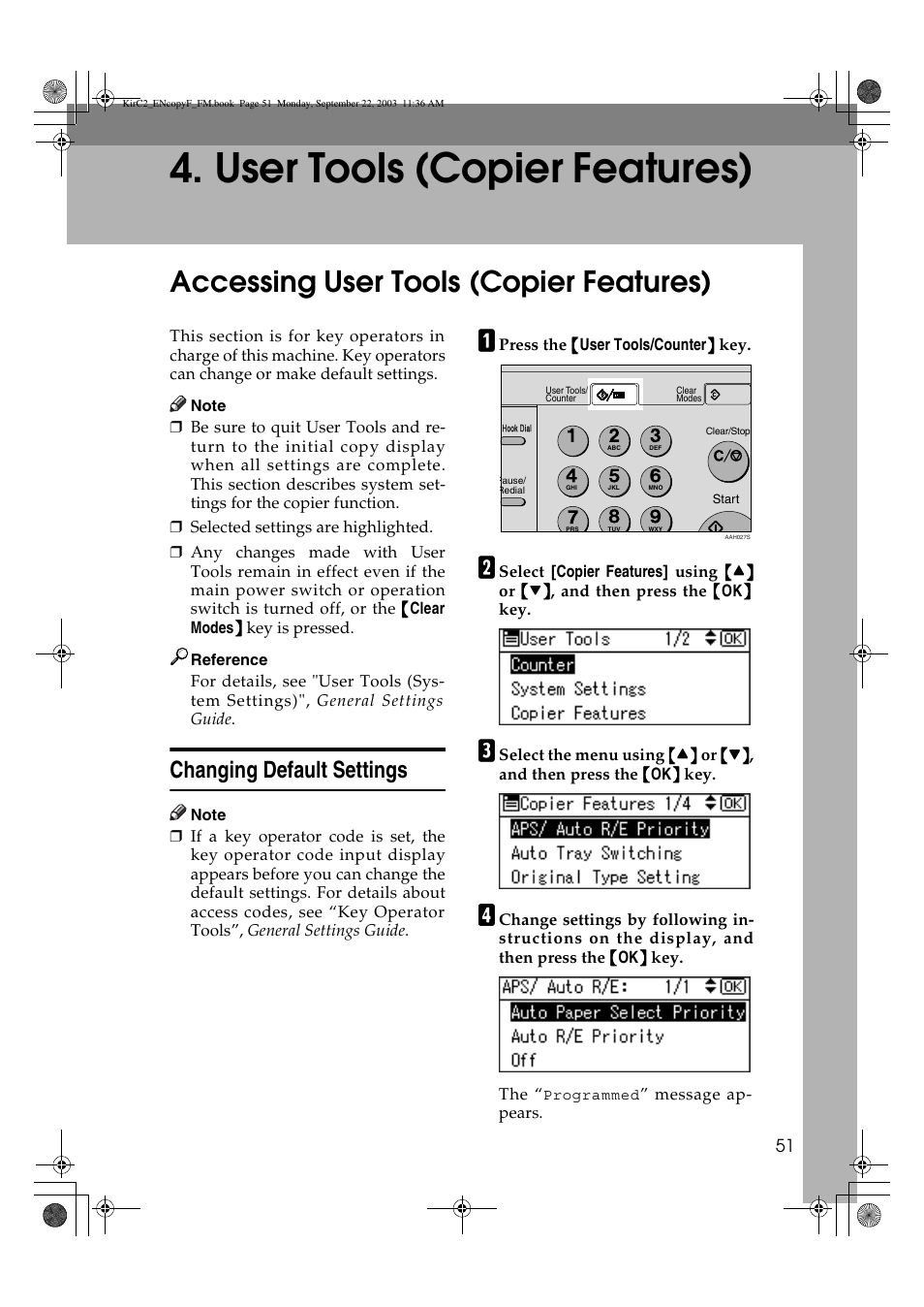 User tools (copier features), Accessing user tools (copier features), Changing default settings | Savin 4018 User Manual | Page 59 / 80