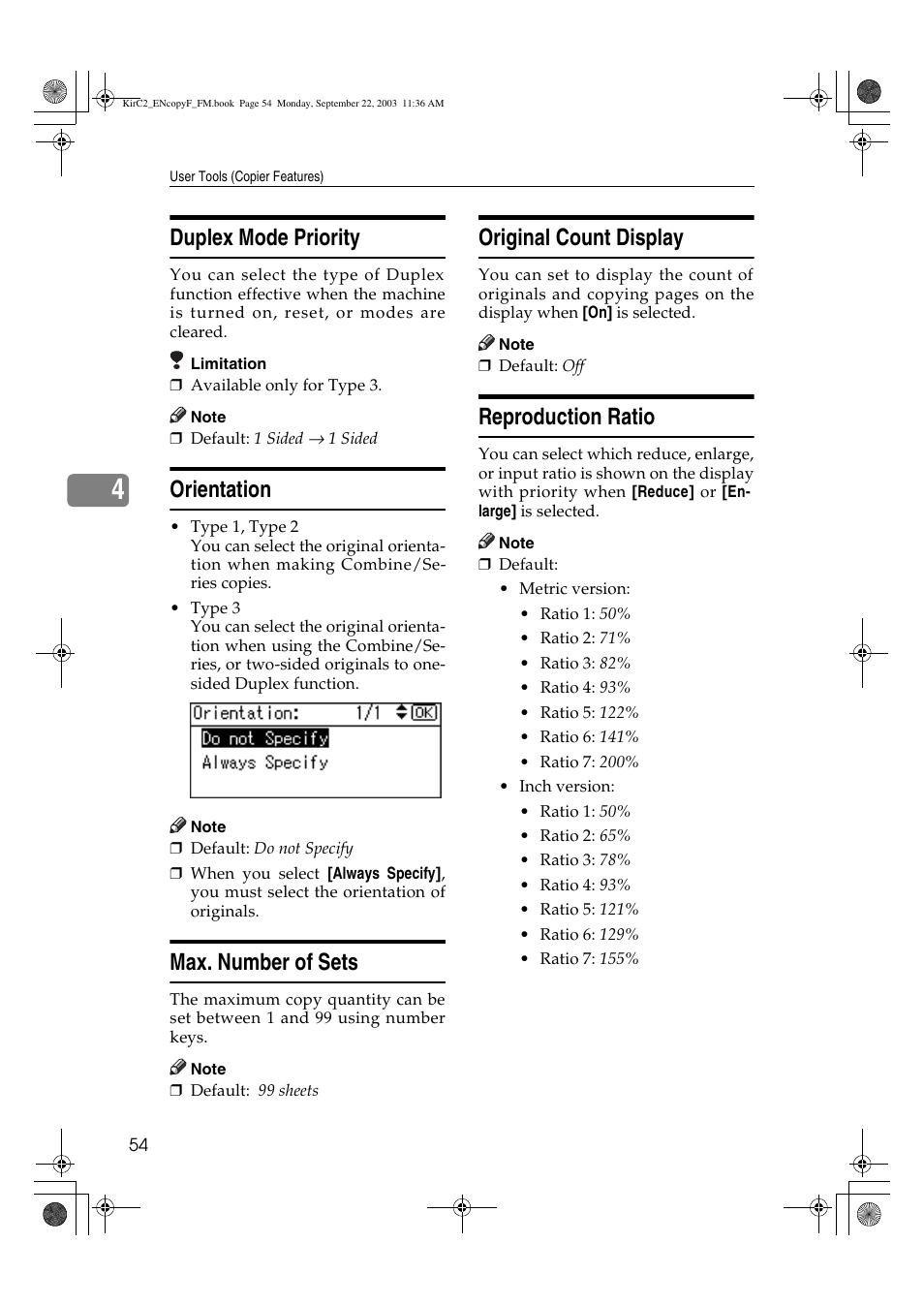 Duplex mode priority, Orientation, Max. number of sets | Original count display, Reproduction ratio | Savin 4018 User Manual | Page 62 / 80