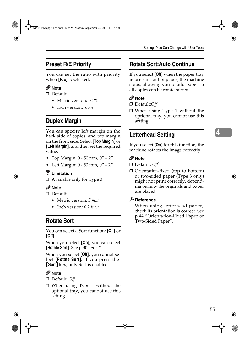 Preset r/e priority, Duplex margin, Rotate sort | Rotate sort:auto continue, Letterhead setting | Savin 4018 User Manual | Page 63 / 80