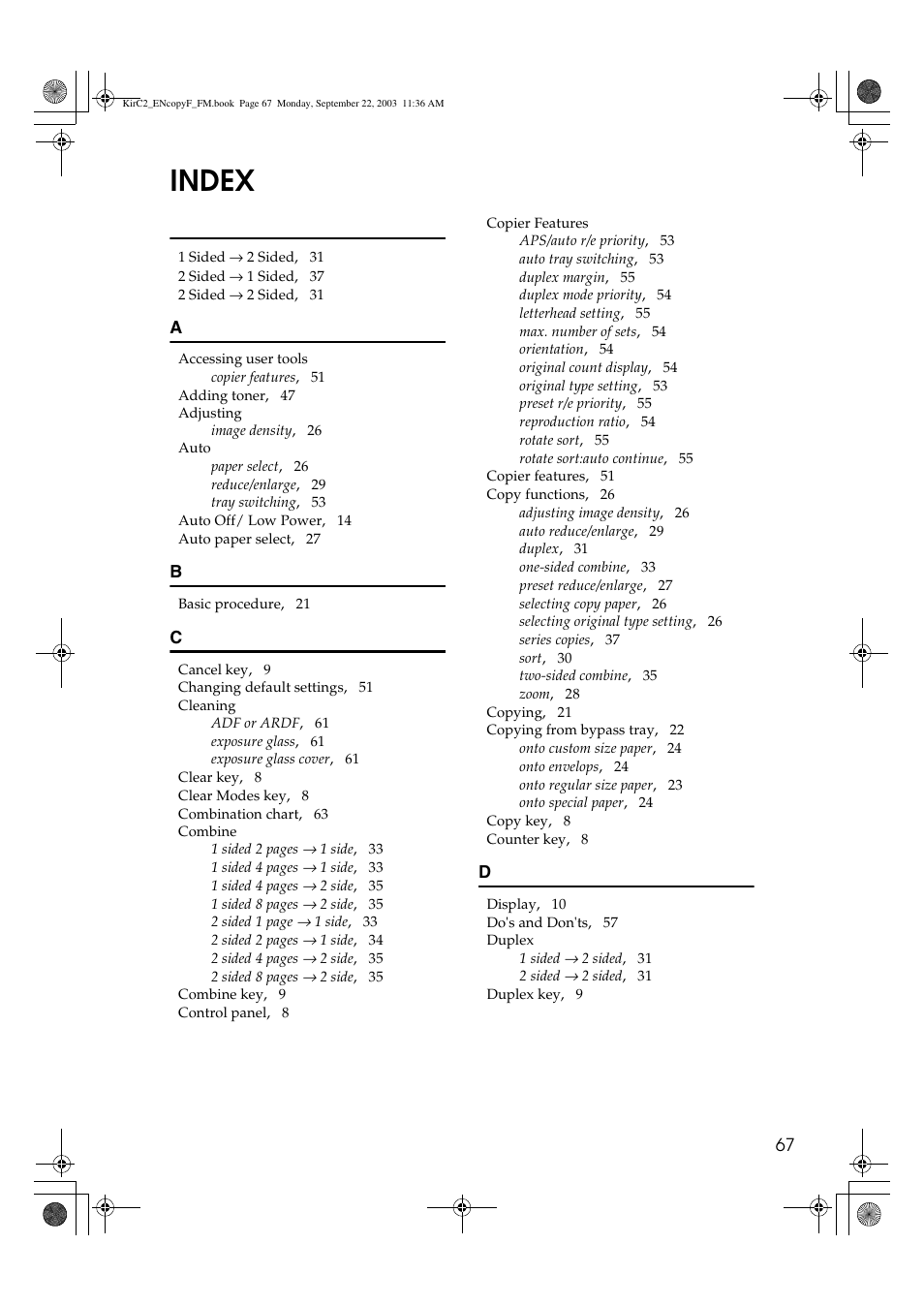 Index | Savin 4018 User Manual | Page 75 / 80