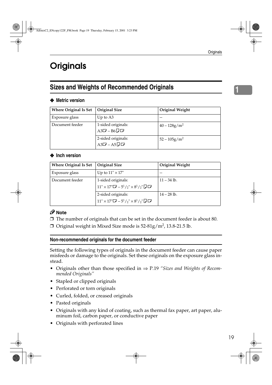 1originals, Sizes and weights of recommended originals | Savin 4502/4502p User Manual | Page 32 / 89