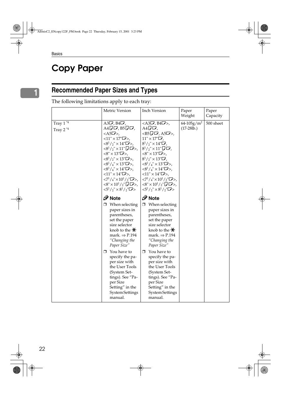 1copy paper, Recommended paper sizes and types, The following limitations apply to each tray | Savin 4502/4502p User Manual | Page 35 / 89