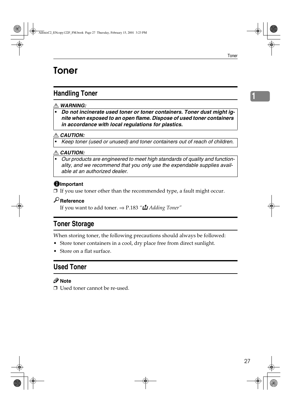 1toner, Handling toner, Toner storage | Used toner | Savin 4502/4502p User Manual | Page 40 / 89