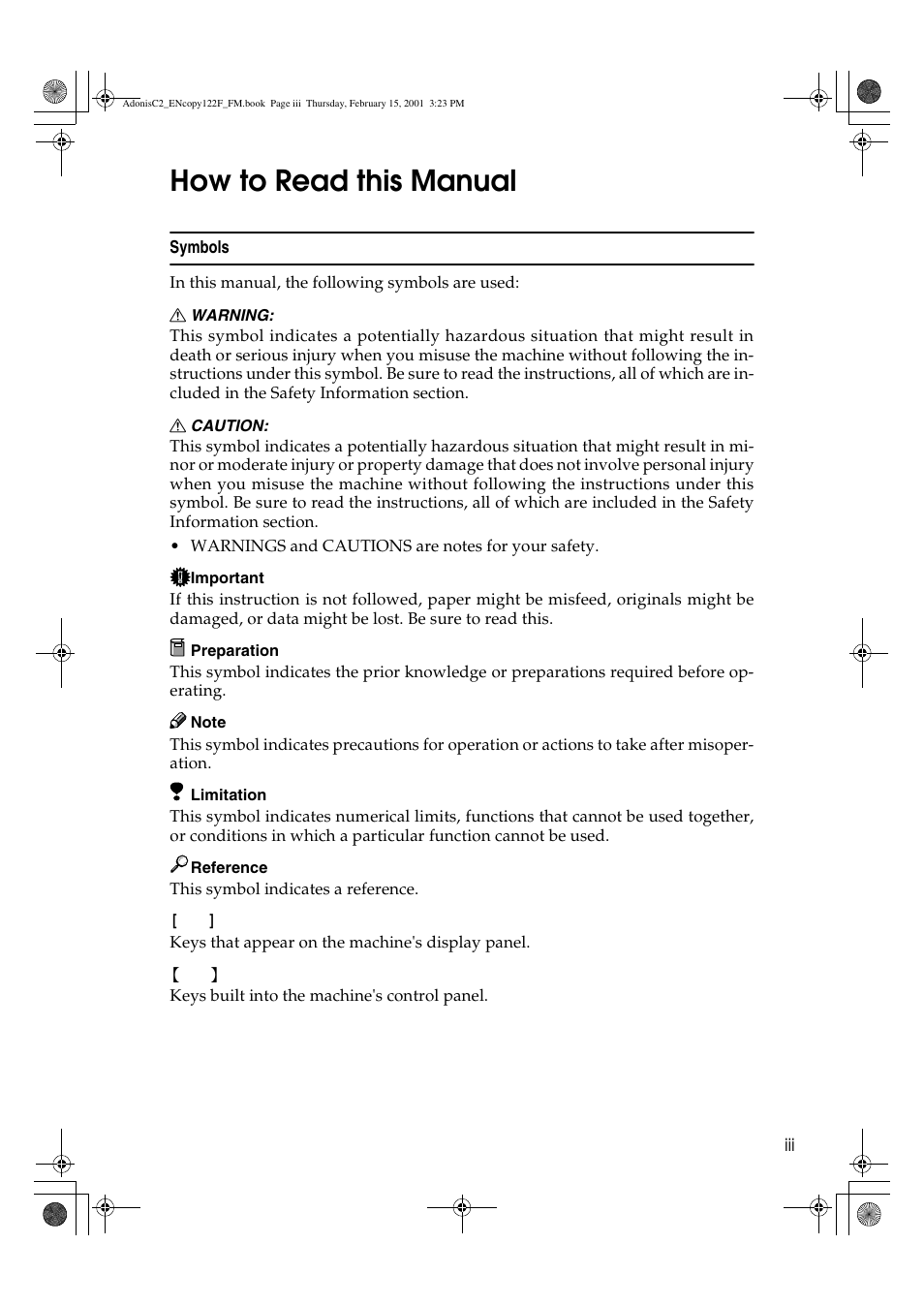 How to read this manual | Savin 4502/4502p User Manual | Page 6 / 89