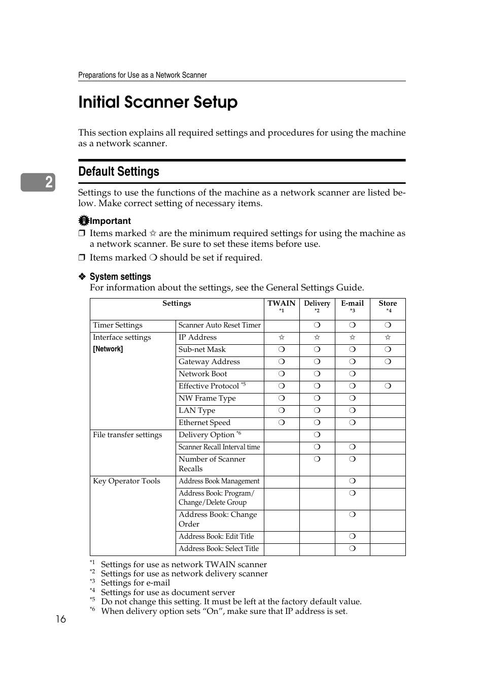 Initial scanner setup, Default settings, P.16 “initial scanner setup | 2initial scanner setup, System settings | Savin 1075 User Manual | Page 20 / 106