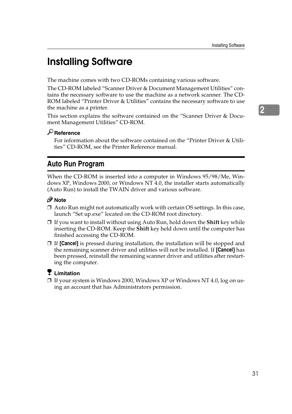 Installing software, Auto run program, 2installing software | Savin 1075 User Manual | Page 35 / 106