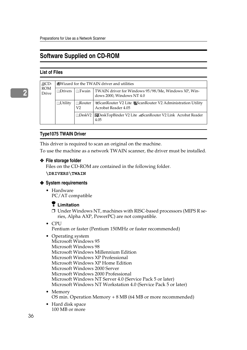 Software supplied on cd-rom, List of files, Type1075 twain driver | P.36 “type1075 twain driver | Savin 1075 User Manual | Page 40 / 106