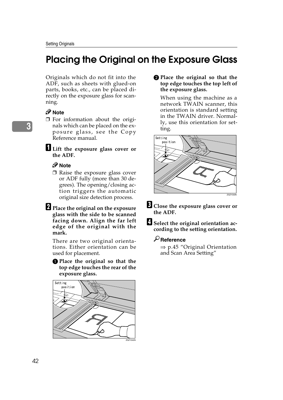 Placing the original on the exposure glass, 3placing the original on the exposure glass | Savin 1075 User Manual | Page 46 / 106