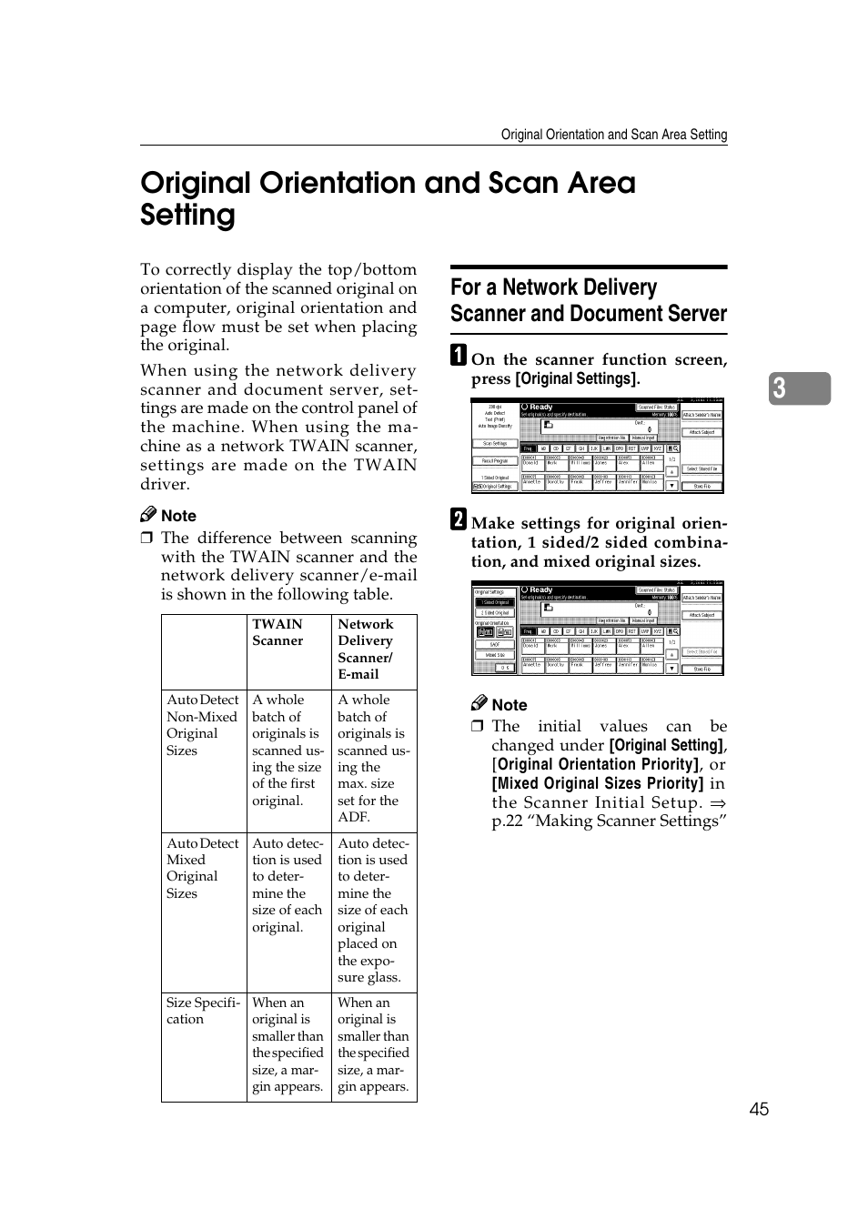 Original orientation and scan area setting, For a network delivery scanner and document server, 3original orientation and scan area setting | Savin 1075 User Manual | Page 49 / 106