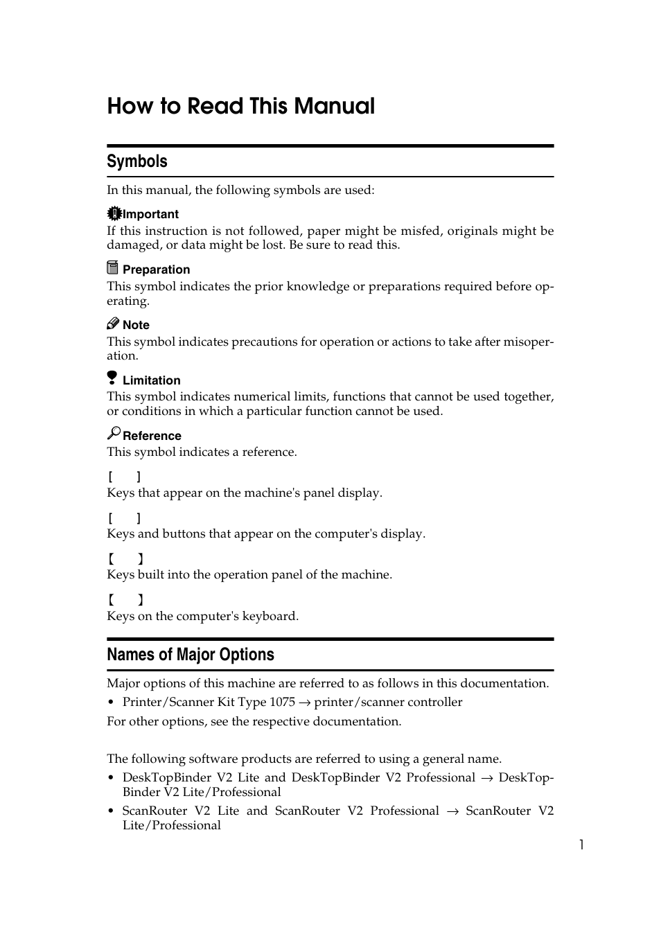 How to read this manual, Symbols, Names of major options | Symbols names of major options | Savin 1075 User Manual | Page 5 / 106