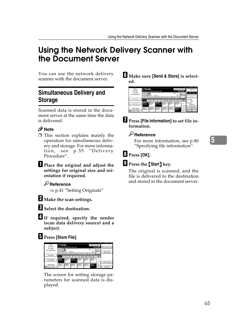 Simultaneous delivery and storage, P.63 “using the network, Delivery scanner with the document server | Savin 1075 User Manual | Page 67 / 106