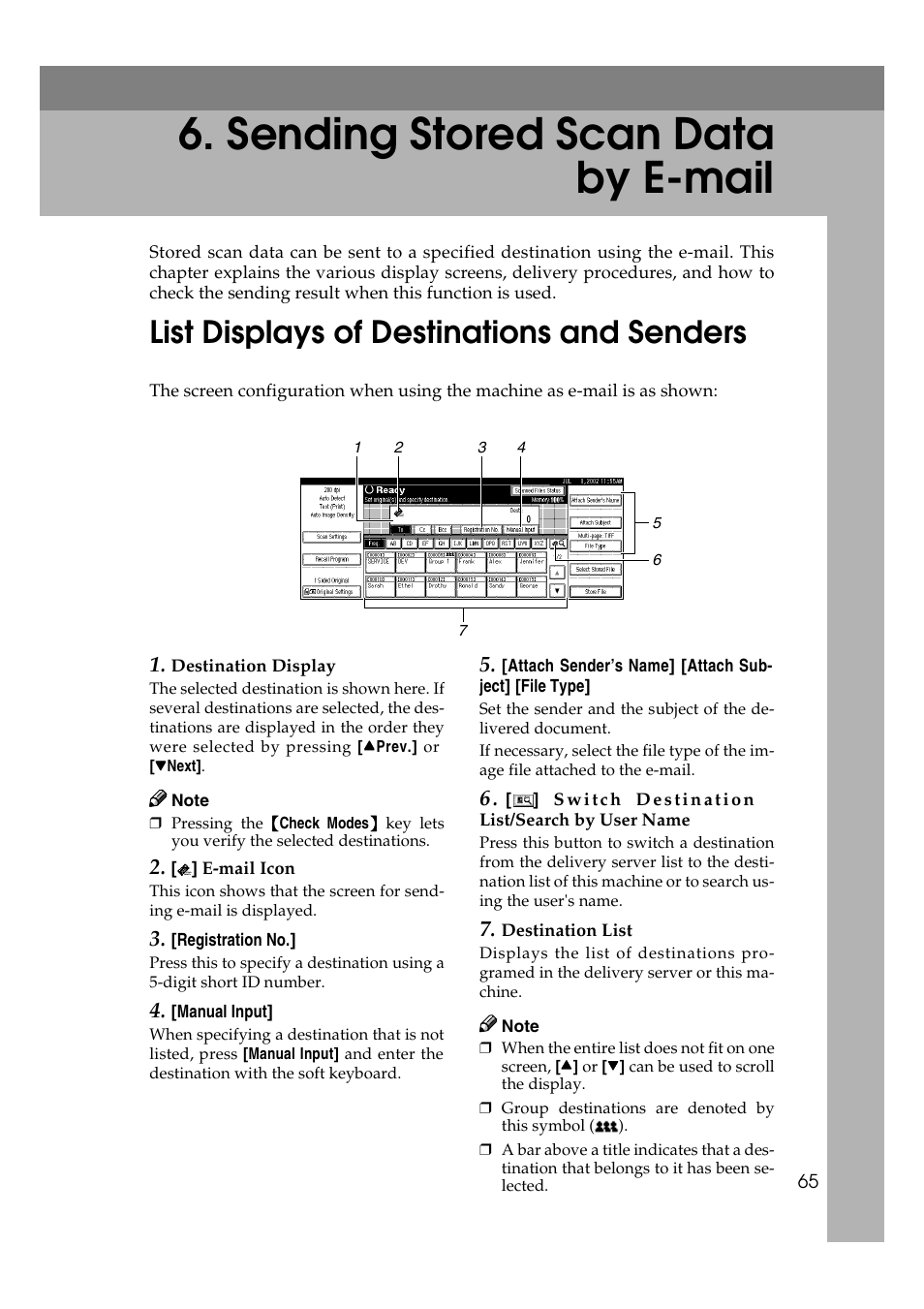  sending stored scan data by e-mail, List displays of destinations and senders, Sending stored scan data by e-mail | Savin 1075 User Manual | Page 69 / 106