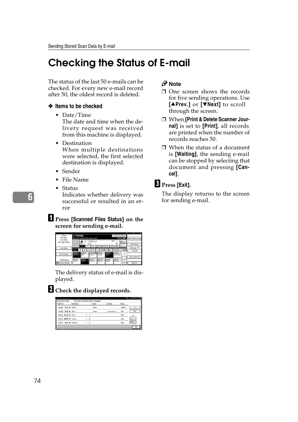 Checking the status of e-mail, 6checking the status of e-mail | Savin 1075 User Manual | Page 78 / 106