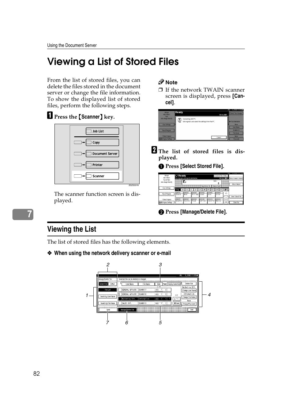 Viewing a list of stored files, Viewing the list, P.82 “viewing a list of stored files | 7viewing a list of stored files | Savin 1075 User Manual | Page 86 / 106