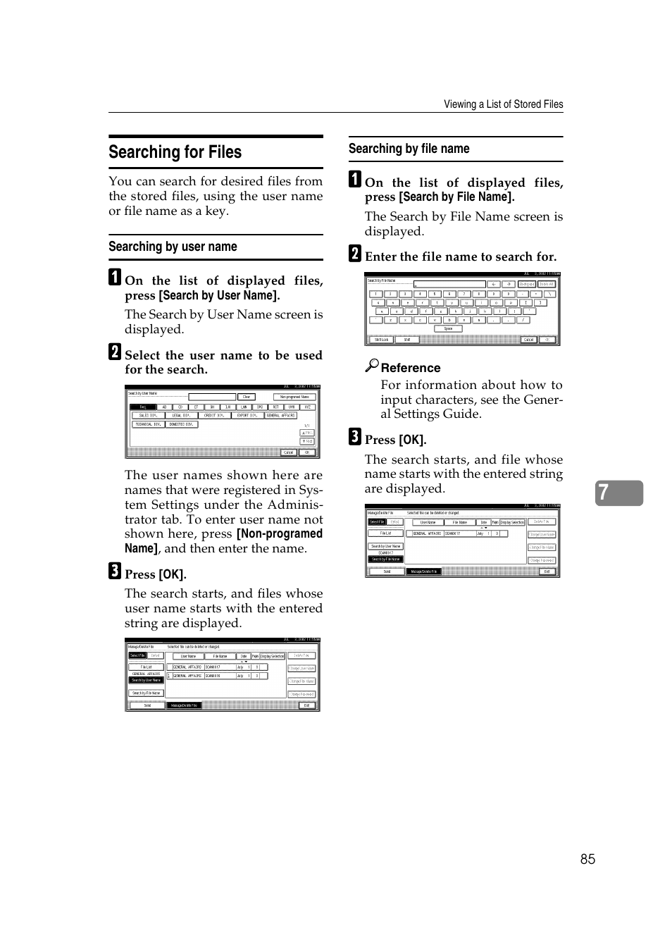 Searching for files, Searching by user name, Searching by file name | Savin 1075 User Manual | Page 89 / 106