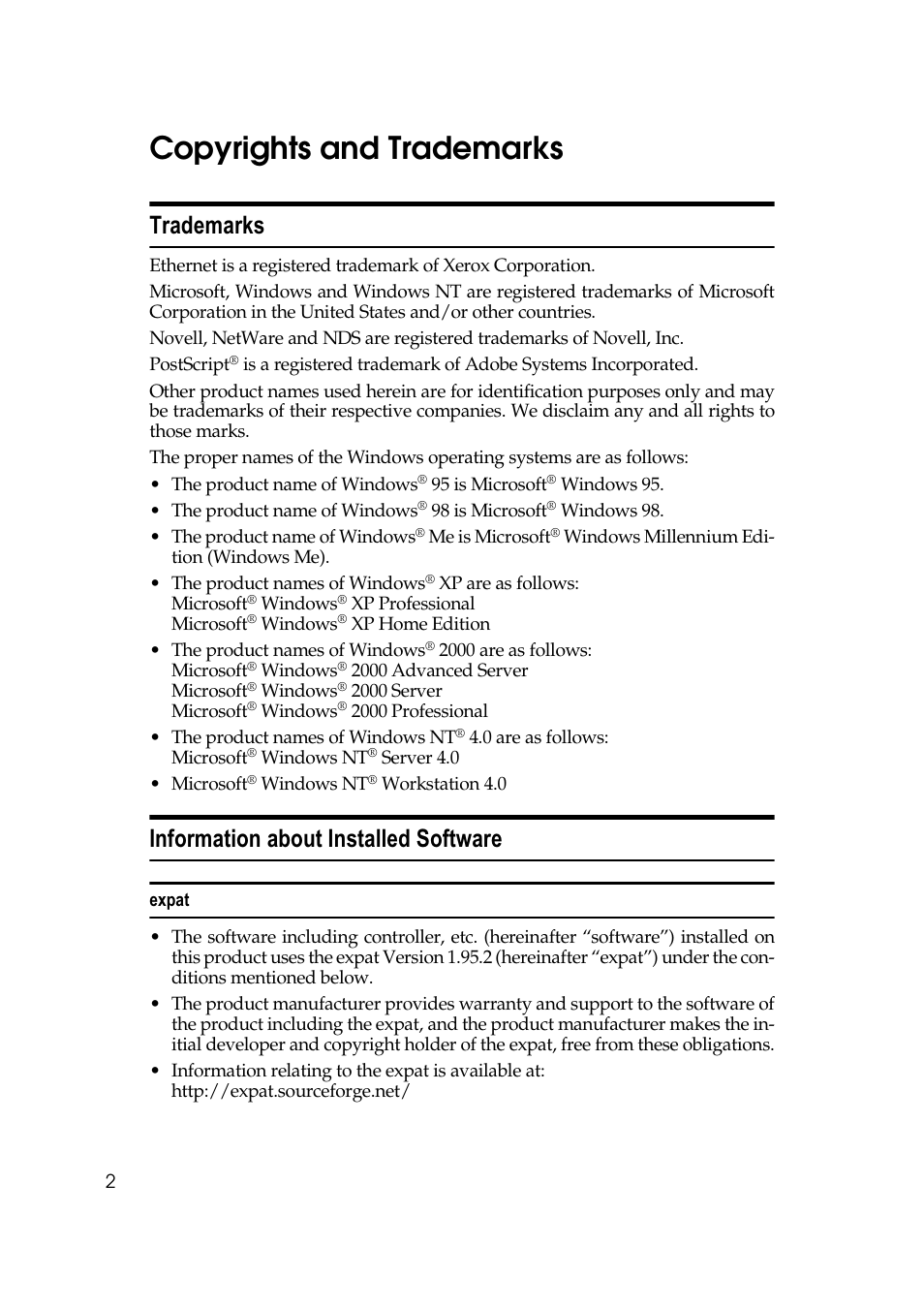 Copyrights and trademarks, 7udghpdunv, Qirupdwlrq derxw ,qvwdoohg 6riwzduh | Savin 40105 User Manual | Page 12 / 66