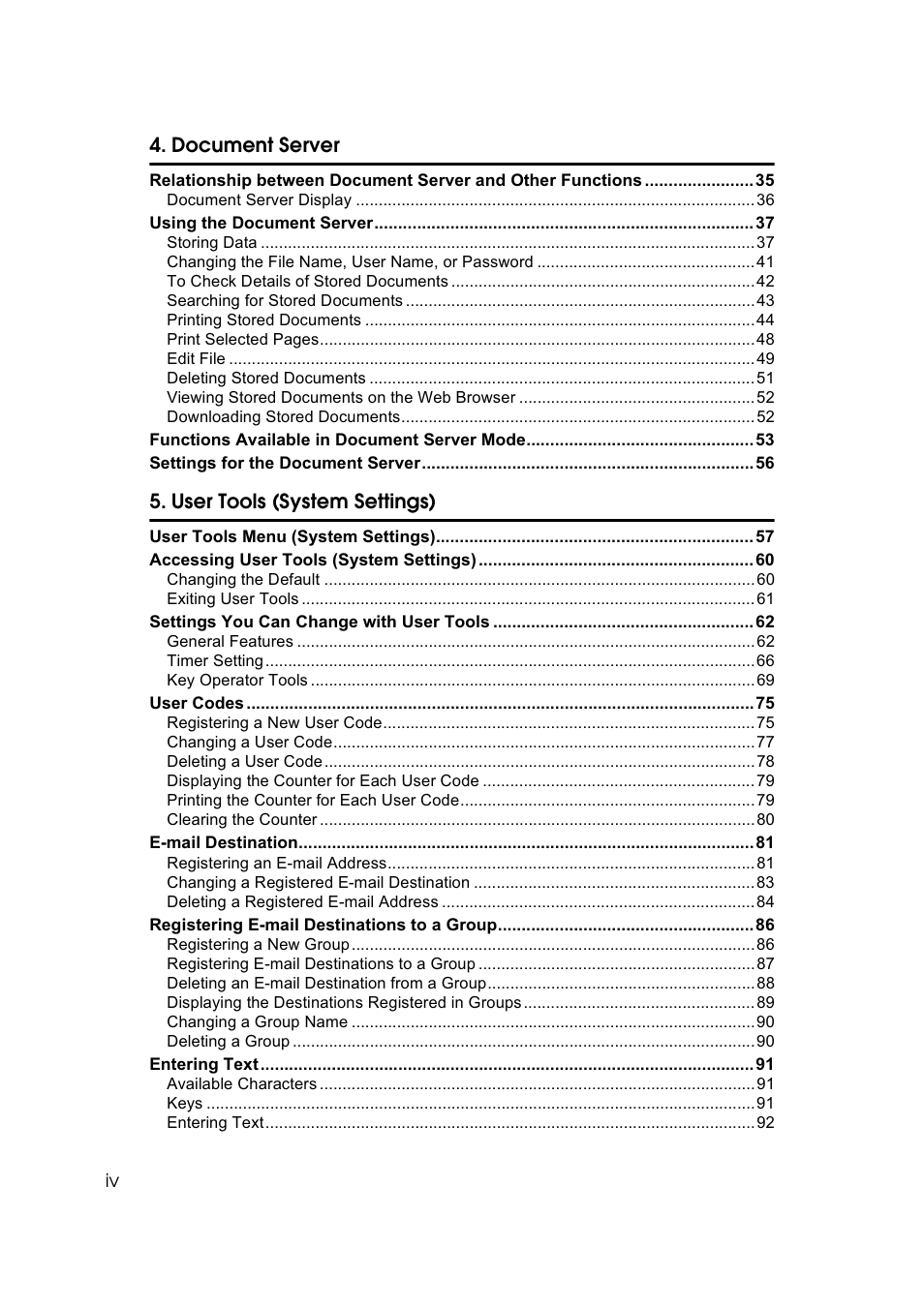 Document server, User tools (system settings) | Savin 40105 User Manual | Page 8 / 66