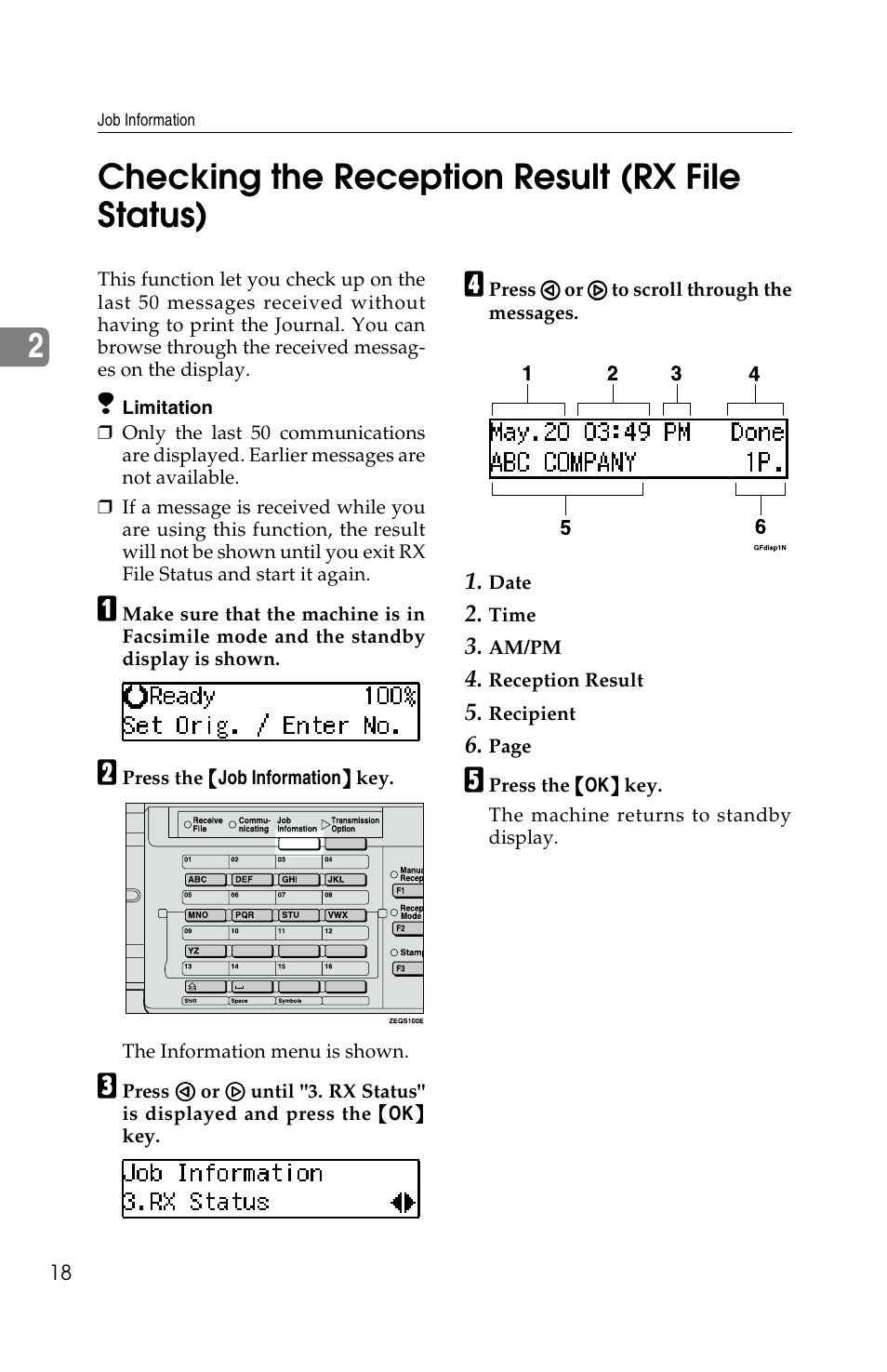 2checking the reception result (rx file status) | Savin F ax Machine 1018 User Manual | Page 101 / 193