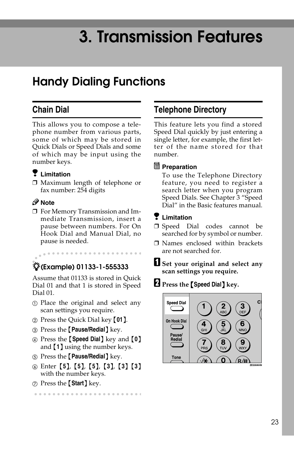 Transmission features, Handy dialing functions, Chain dial | Telephone directory | Savin F ax Machine 1018 User Manual | Page 106 / 193