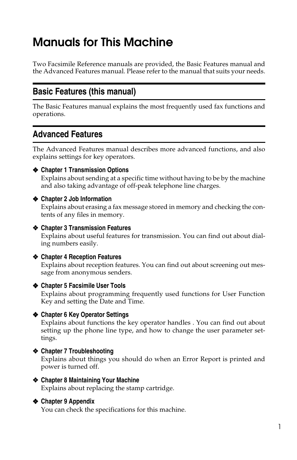 Manuals for this machine, Basic features (this manual), Advanced features | Savin F ax Machine 1018 User Manual | Page 11 / 193