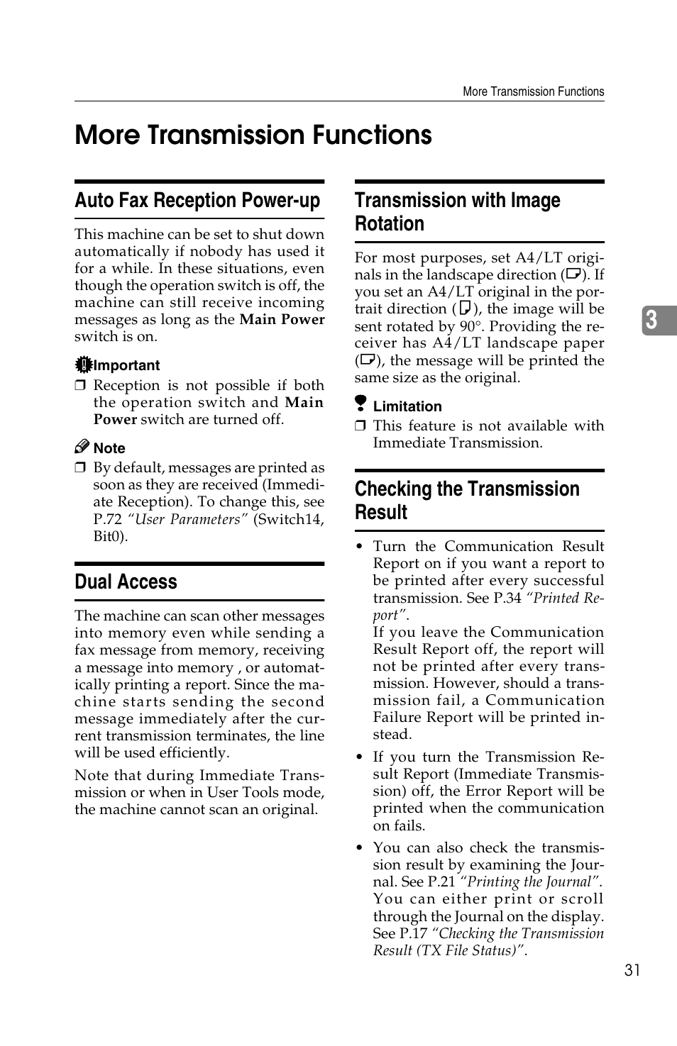 3more transmission functions, Auto fax reception power-up, Dual access | Transmission with image rotation, Checking the transmission result | Savin F ax Machine 1018 User Manual | Page 114 / 193